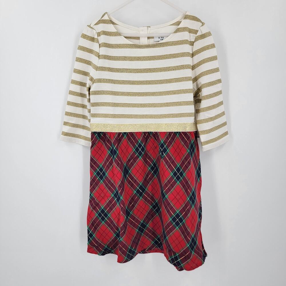 Crown and Ivy Kids Girls Dress Size Small Red Plaid Striped Shimmer Gold Holiday